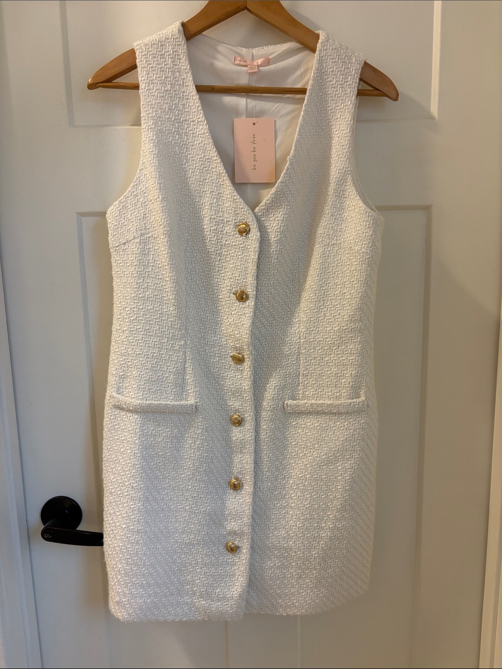 BeBop White Tweed Gold-Button Sheath Dress